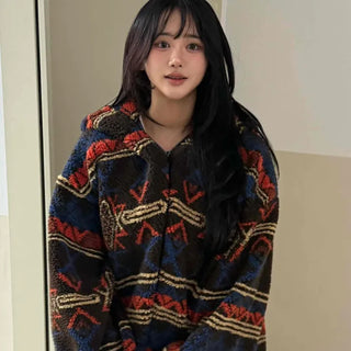 Retro Color Pattern Tumble Oversized Hooded Jumper
