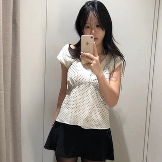 *Delicate Fit⊹꣑୧⊹* Nooni Dot Halter Neck Chiffon Bustier Blouse