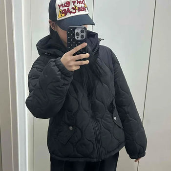 Diamond Quilted Loose Fit Hooded Short Padded Jacket