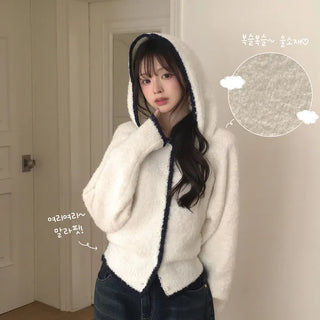 Lovely Mood, Fluffy Wool Color Block Raglan Delicate Slim Fit Hooded Knit Cardigan