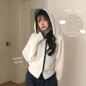 Lovely Mood, Fluffy Wool Color Block Raglan Delicate Slim Fit Hooded Knit Cardigan
