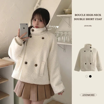 Lovely Mood, Boucle Sherpa High-Neck Quilted Double Half Short Coat
