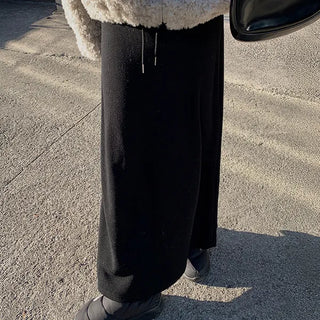 Rizomi Ribbed Spandex Long Skirt Back Slit H-Line Low-Rise High-Waist Skirt
