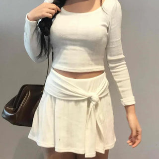 Round Neck Slim Crop Tee Flare Wrap Skirt Two-Piece