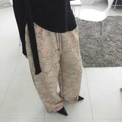 Unique Loose Fit Rose Elastic Waist Pants Jacquard Jogger Two-Way Flower Vintage