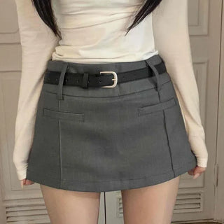 Front Cut Pocket Belted A-Line Mini Skirt