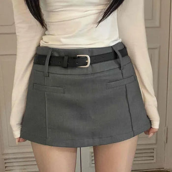 Front Cut Pocket Belted A-Line Mini Skirt