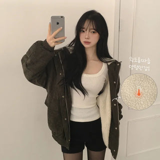 Invincible against the cold! Warm and reliable until midwinter, Corduroy Sherpa High-Neck Drawstring Avant-Grip Oversized Hooded Winter Padded Jumper