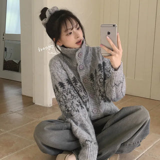 High-neck design keeps your neck warm. Fluffy Wool High-Neck Turtleneck Snowflake Nordic Avant-garde Loose Fit Winter Knit Cardigan