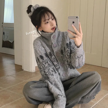 High-neck design keeps your neck warm. Fluffy Wool High-Neck Turtleneck Snowflake Nordic Avant-garde Loose Fit Winter Knit Cardigan