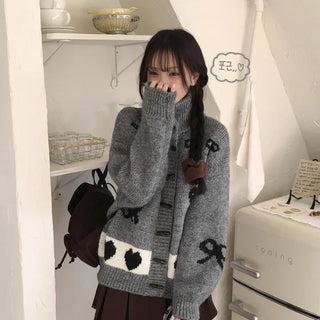 Full of Cuteness, High-Neck Cat Ribbon Heart Nordic Avant Loose Fit Knit Cardigan