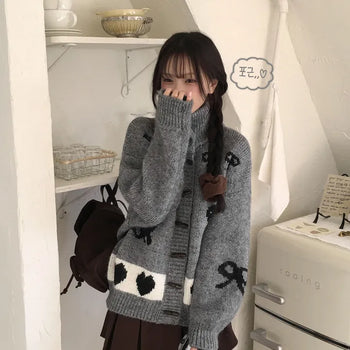 Full of Cuteness, High-Neck Cat Ribbon Heart Nordic Avant Loose Fit Knit Cardigan
