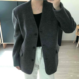Tailored Collarless V-Neck Button Wool Coat