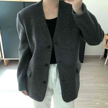 Tailored Collarless V-Neck Button Wool Coat