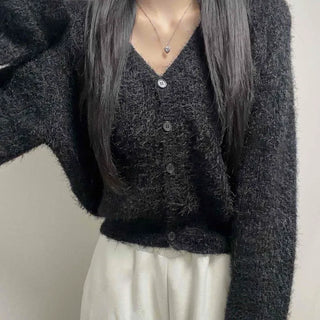 Pine Needle Fur Crop V-Neck Button Cardigan