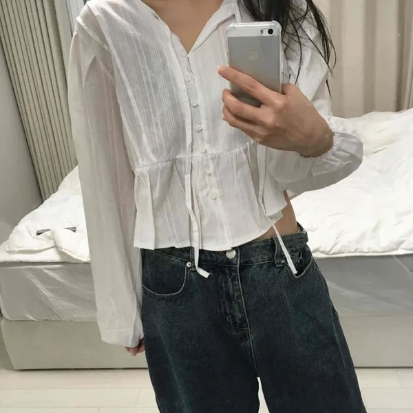 Romantic Shirred Frill V-Neck Blouse