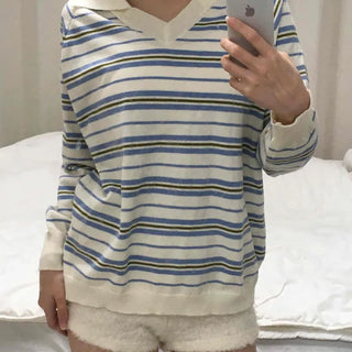 Striped Open Collar Loose Fit Knit