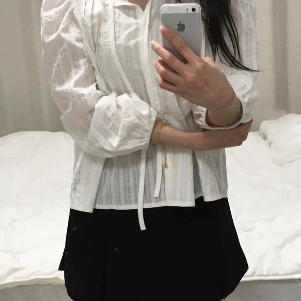 Delicate Fit Puff Sleeve Pintuck Ribbon Blouse