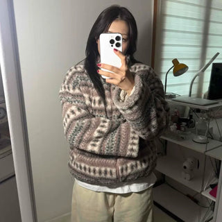 Horizontal Pattern Loose Fit Fleece Zip-up