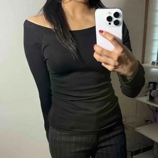 Off-shoulder Body-fit Long-sleeve T-shirt