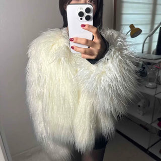 Long Hair Eco-Fur Collarless Oversized Jacket