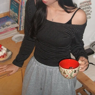 Striped U-neck long-sleeve shirt