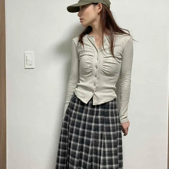Wool Check Pleated Midi Skirt