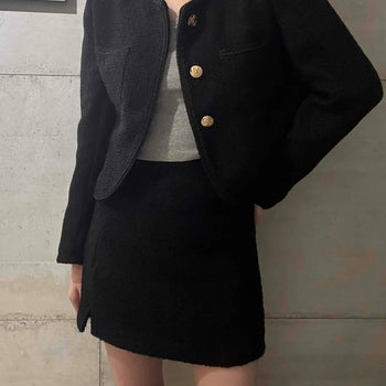 Round Neck Gold Button Cropped Tweed Jacket