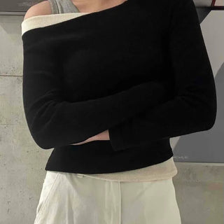 Ugly Bicolor Wide Neck Slim Long Sleeve T-shirt