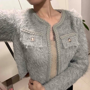 Fuzzy Tweed Crop Knit Cardigan