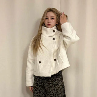 Boucle High-Neck Double-Button Short Coat