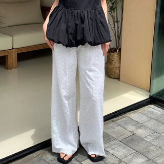 Milk Tea Punching Flower Embroidery Wide Elastic Waist Pants