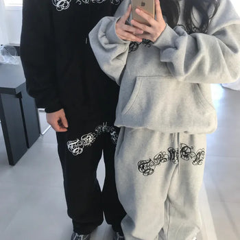 Embroidered Lettering Oversized Fleece-Lined Sweatpants