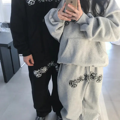 Embroidered Lettering Oversized Fleece-Lined Sweatpants