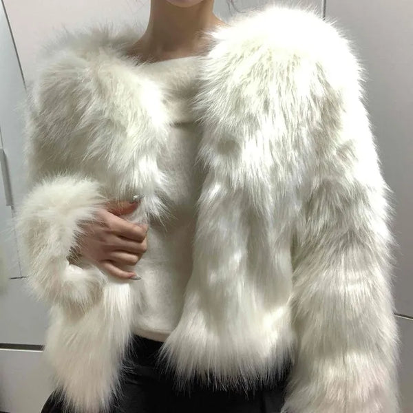 Long Hair Collarless Faux Fur Jacket