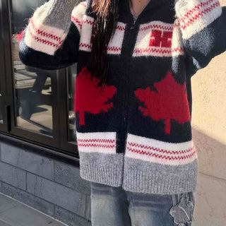 Jacquard Pattern Loose Fit Knit Zip-up