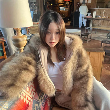 Fluffy fur cropped hooded jacket