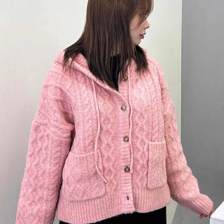 Soft Cable Pocket Loose Fit Hooded Knit Cardigan
