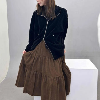 Vintage Corduroy Pleated Flare Long Skirt
