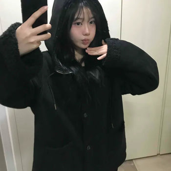 Suede Double Button Hooded Midi Coat