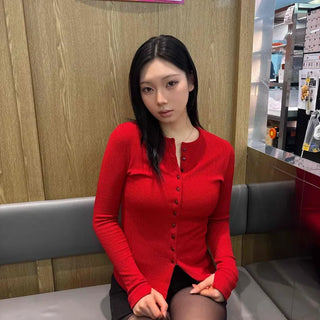 Slim Fit Round Button Knit Ribbed Cardigan