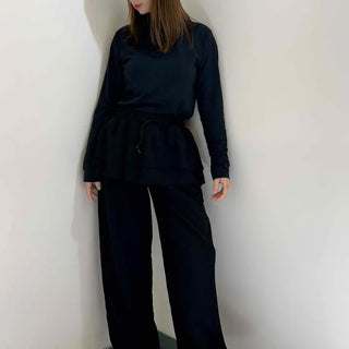 Minimal Loose Fit Elastic Waist Frill Layered Wide Pants