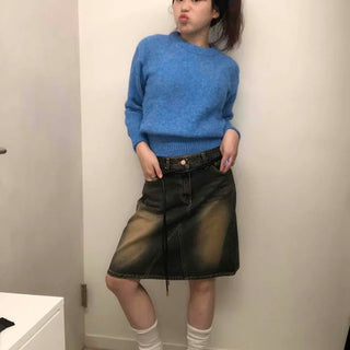 Retro washed A-line stitch denim midi skirt