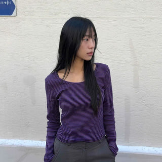 Simple Slim Fit Border Long Sleeve T-shirt