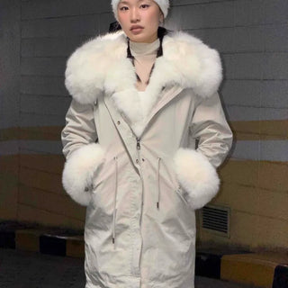 Voluminous fur-lined mid-length field jacket