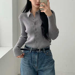 Spring Collared Ribbed Cardigan Knit