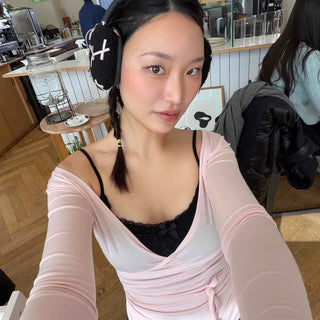 See-through Shirred Deep V Wrap Long Sleeve T-shirt