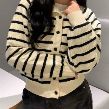 Striped Collared Short Knit Cardigan