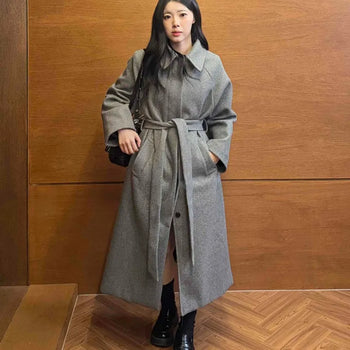 Modern Chic Belt-Detailed Wide Collar Long Coat