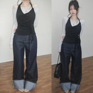 Meijin raw rolled-up denim wide pants